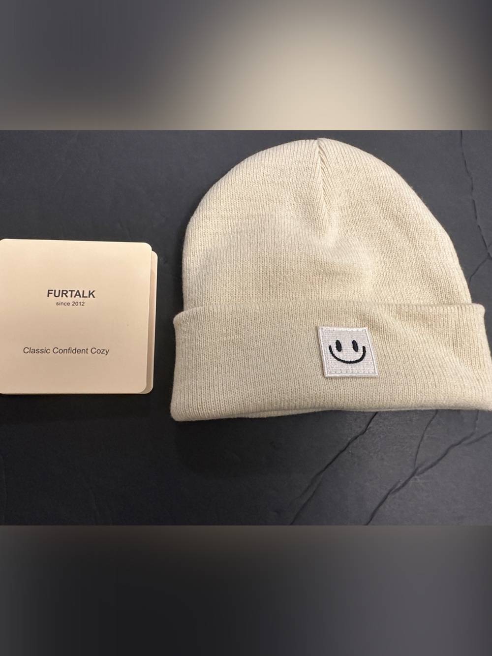 FURTALK Beige Smiley Patch Knit Beanie for Men